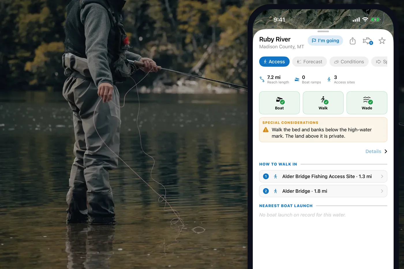 A small river's access card: Boat, Walk and Wade answers, the high-water mark note and the walk-in points.
